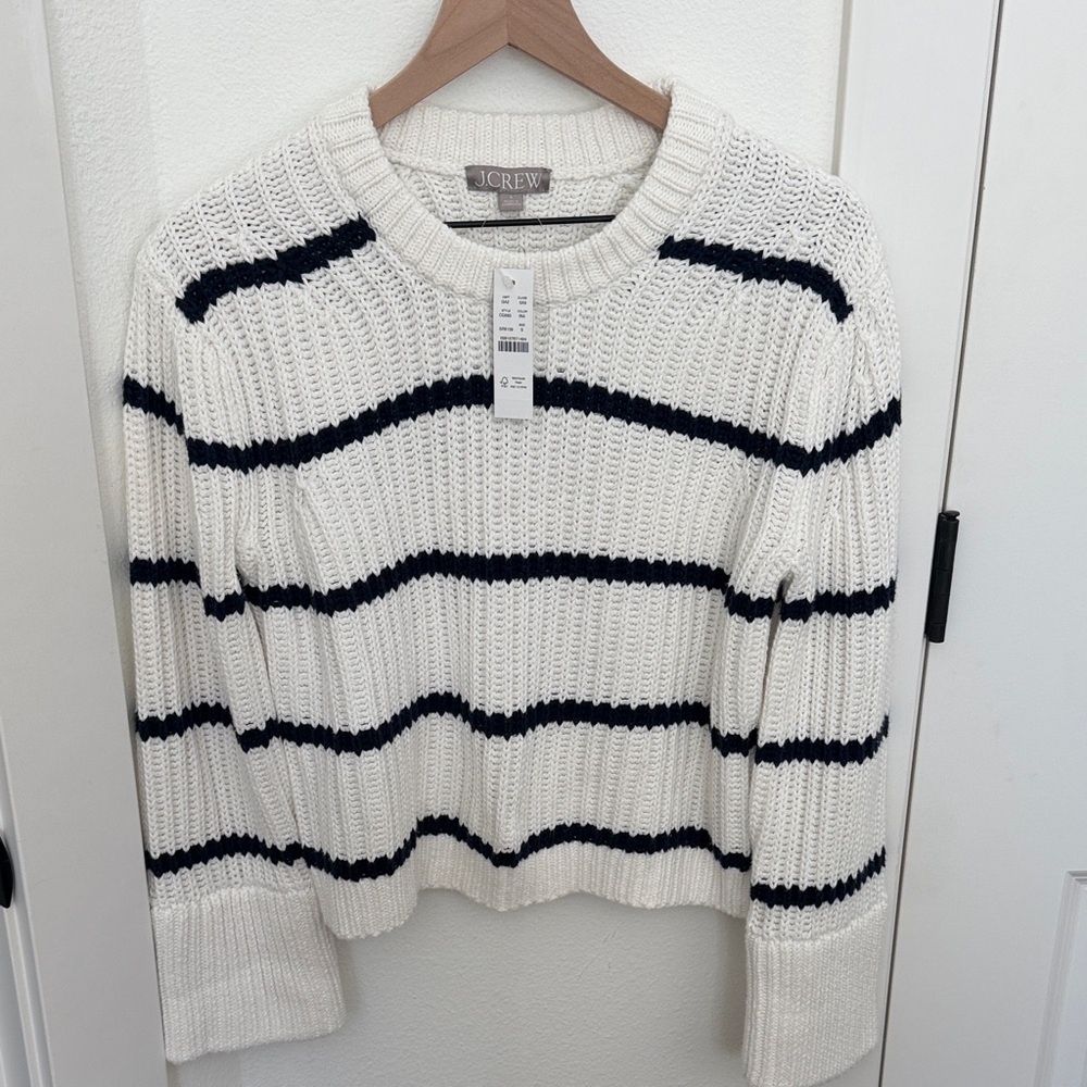 J. Crew Cream and Navy Striped Crewneck Sweater